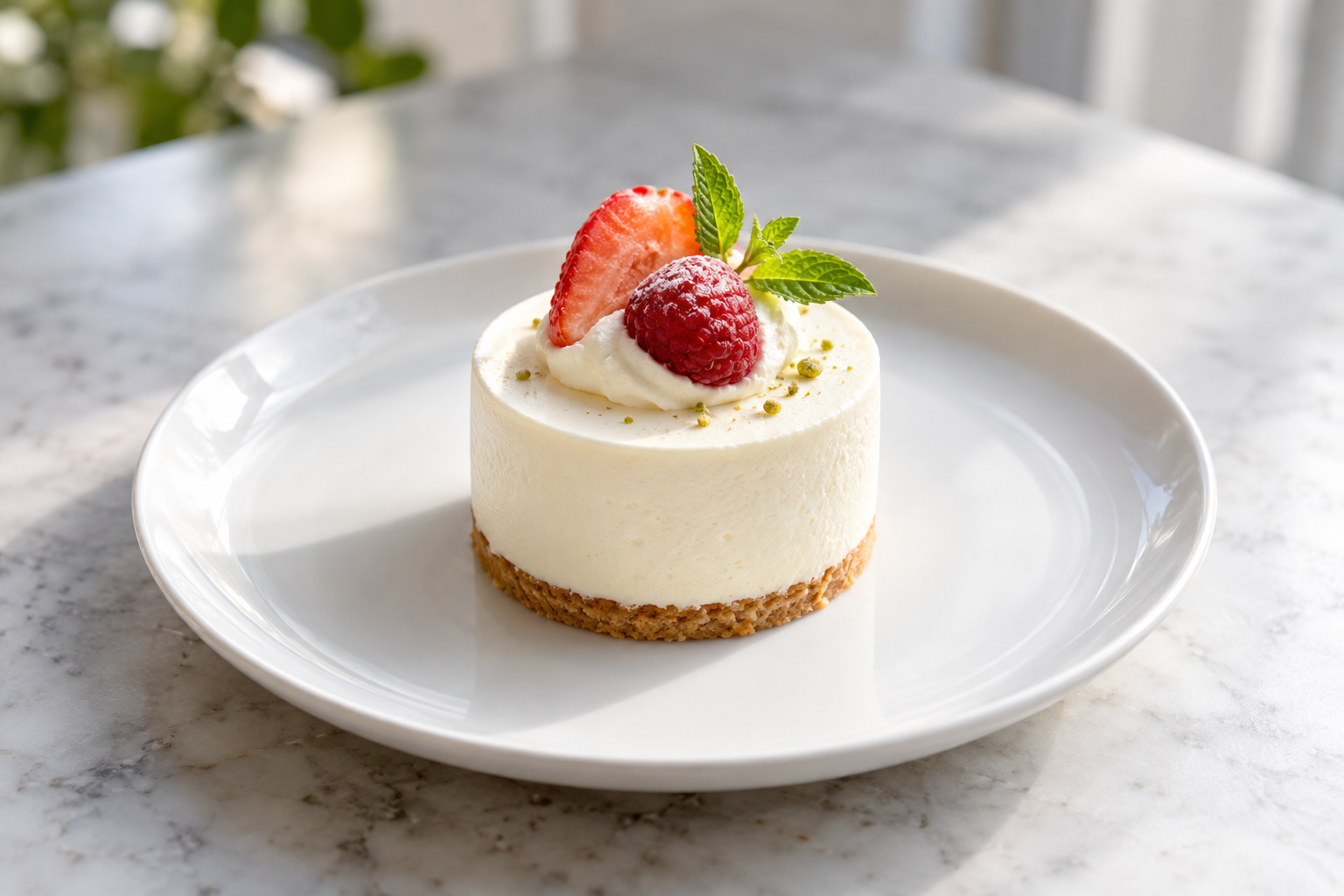 A small white mousse cake with a thin base and a fruit garnish — photorealistic AI concept