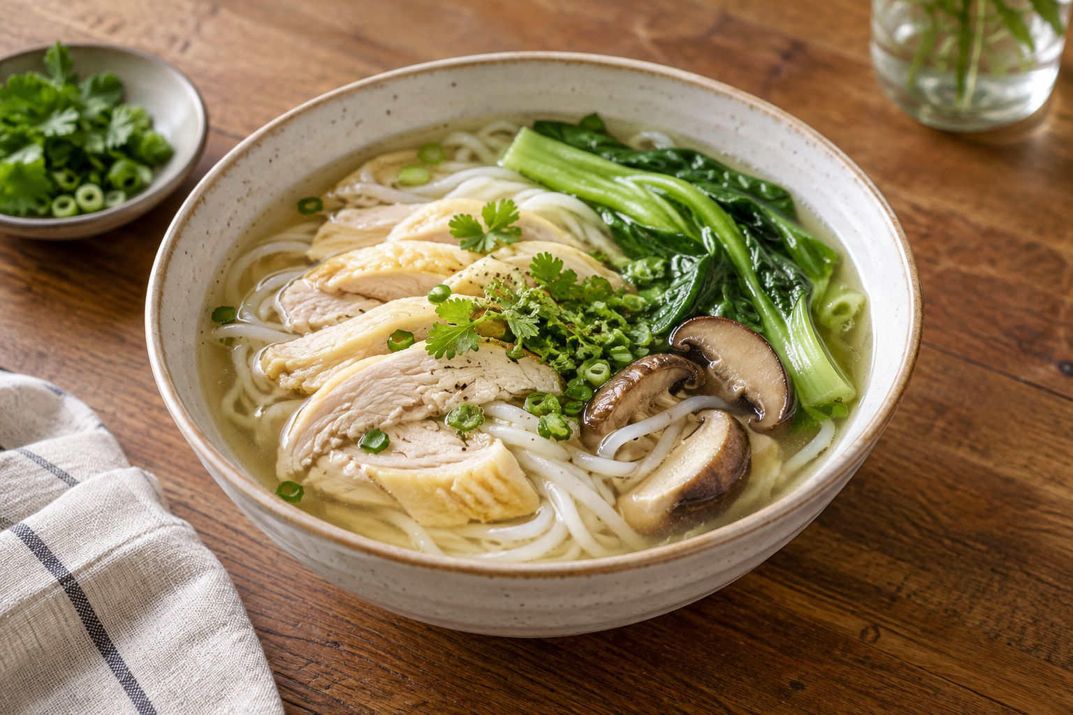 Rice noodles with cooked chicken, leafy vegetables and mushrooms — photorealistic AI concept