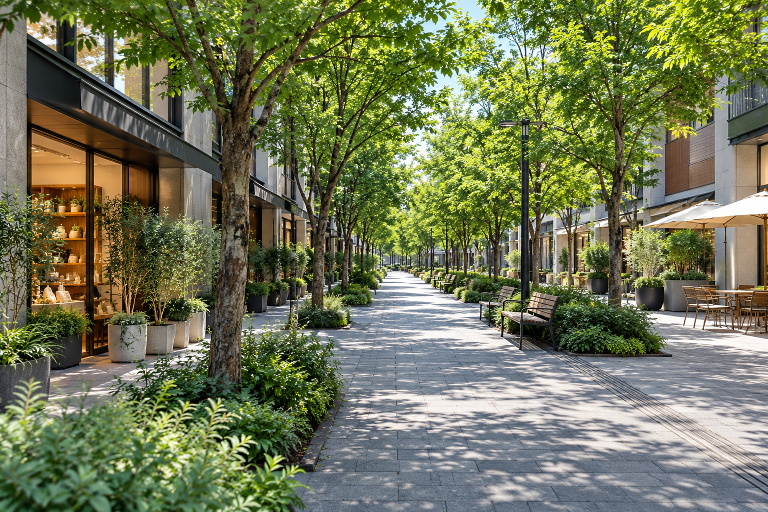 A shaded greenway with benches and low-rise shops — photorealistic AI concept