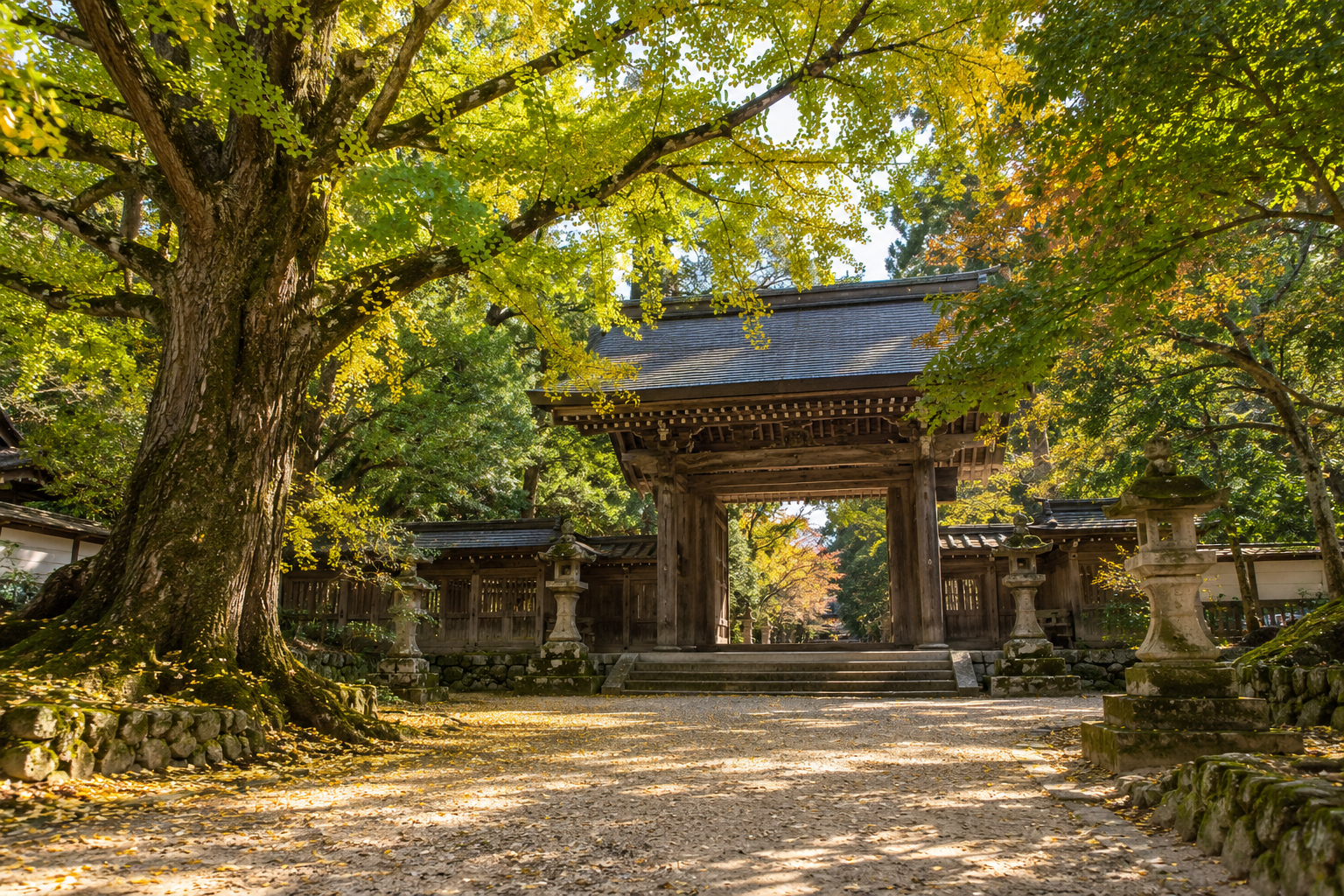 A leafy temple approach with large trees and a wooden gate — photorealistic AI concept