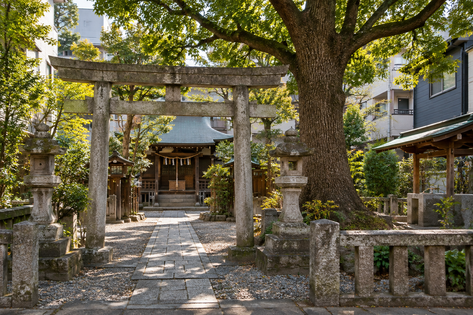 A compact neighborhood shrine with a stone gate and mature tree — photorealistic AI concept