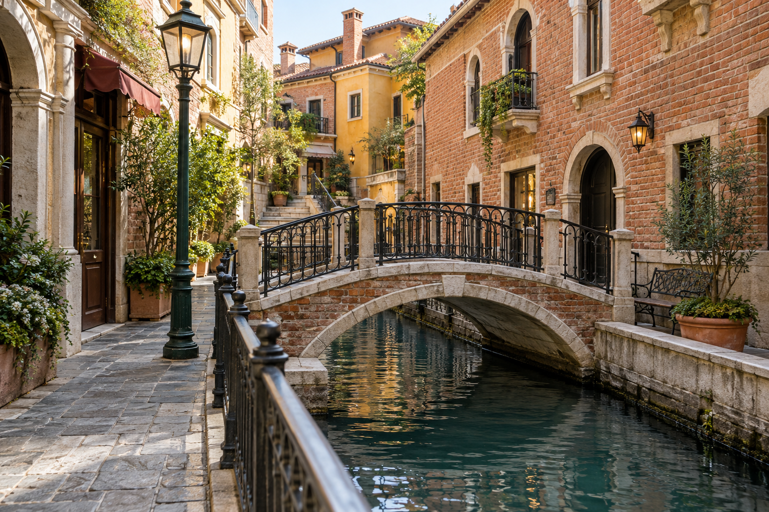 A small Italian-inspired commercial courtyard with a canal and bridge — photorealistic AI concept
