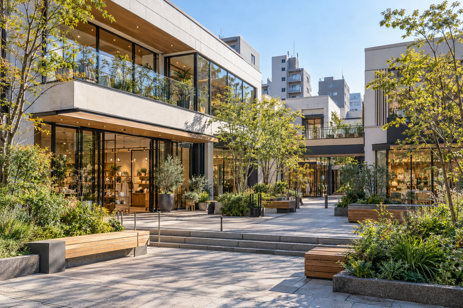 A generic contemporary retail facade with a glass entrance and planting — photorealistic AI concept