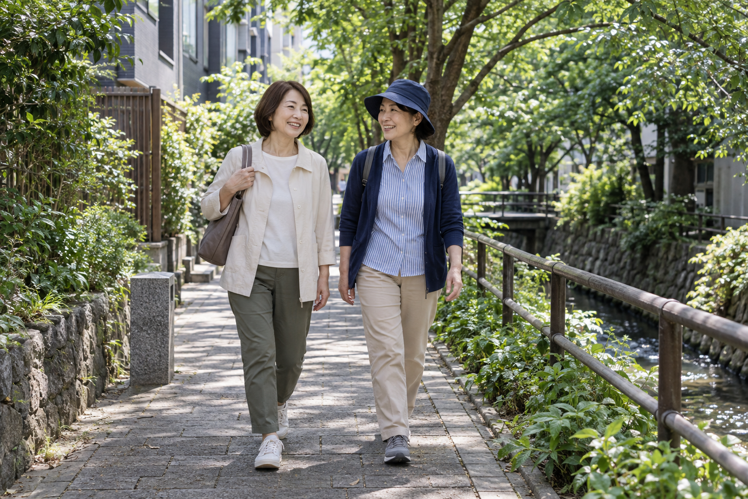Two middle-aged women travelers walking along a shaded greenway — photorealistic AI concept