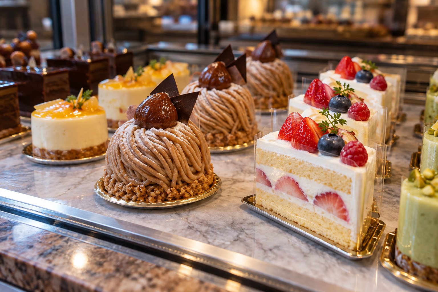 Small French-style cakes displayed on a pastry counter — photorealistic AI concept