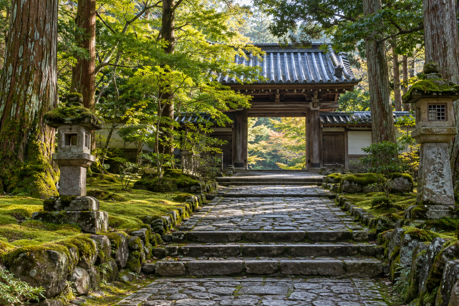 A mossy temple-garden path with mature trees — photorealistic AI concept