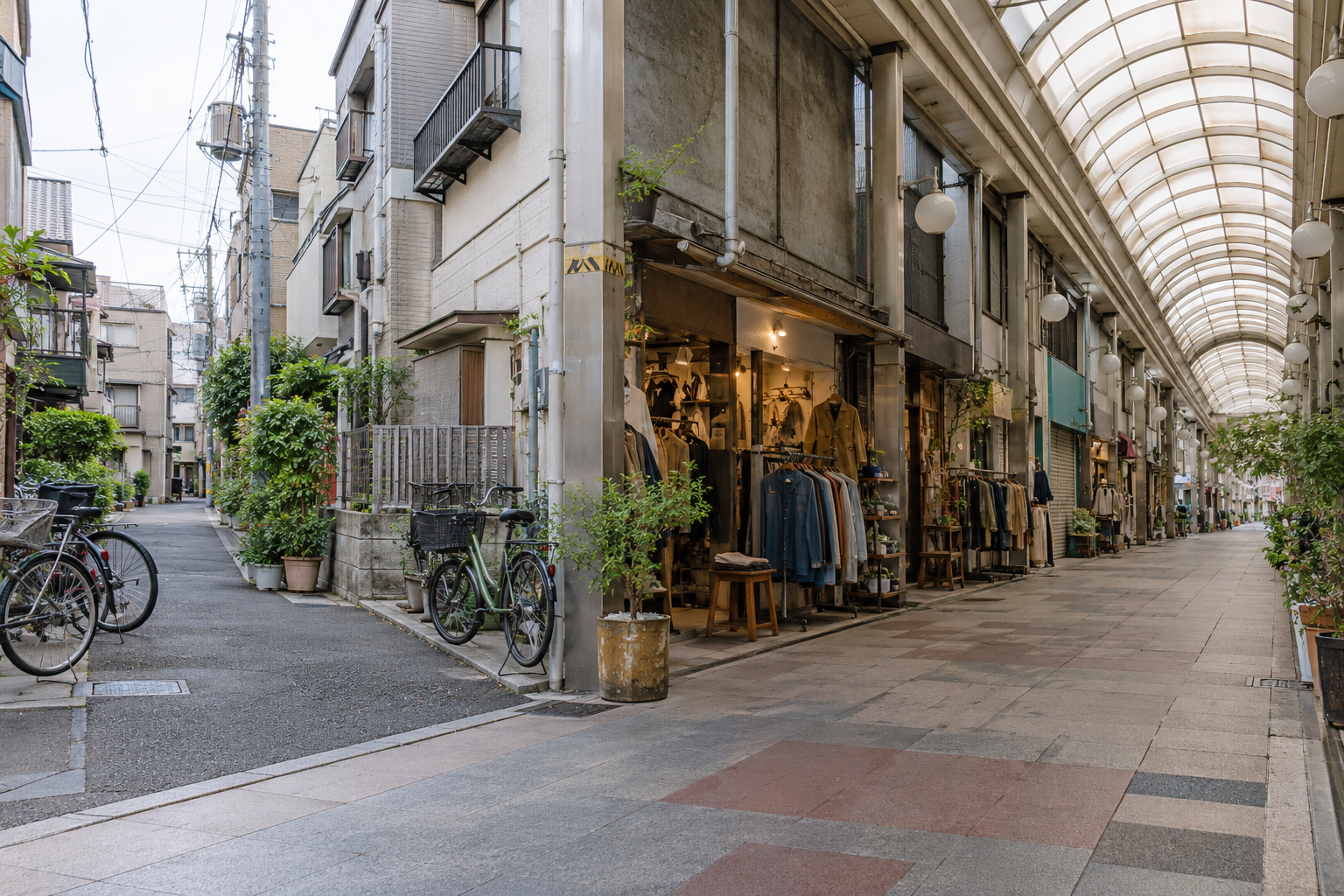 A covered shopping arcade beside a narrow urban Tokyo lane — photorealistic AI concept