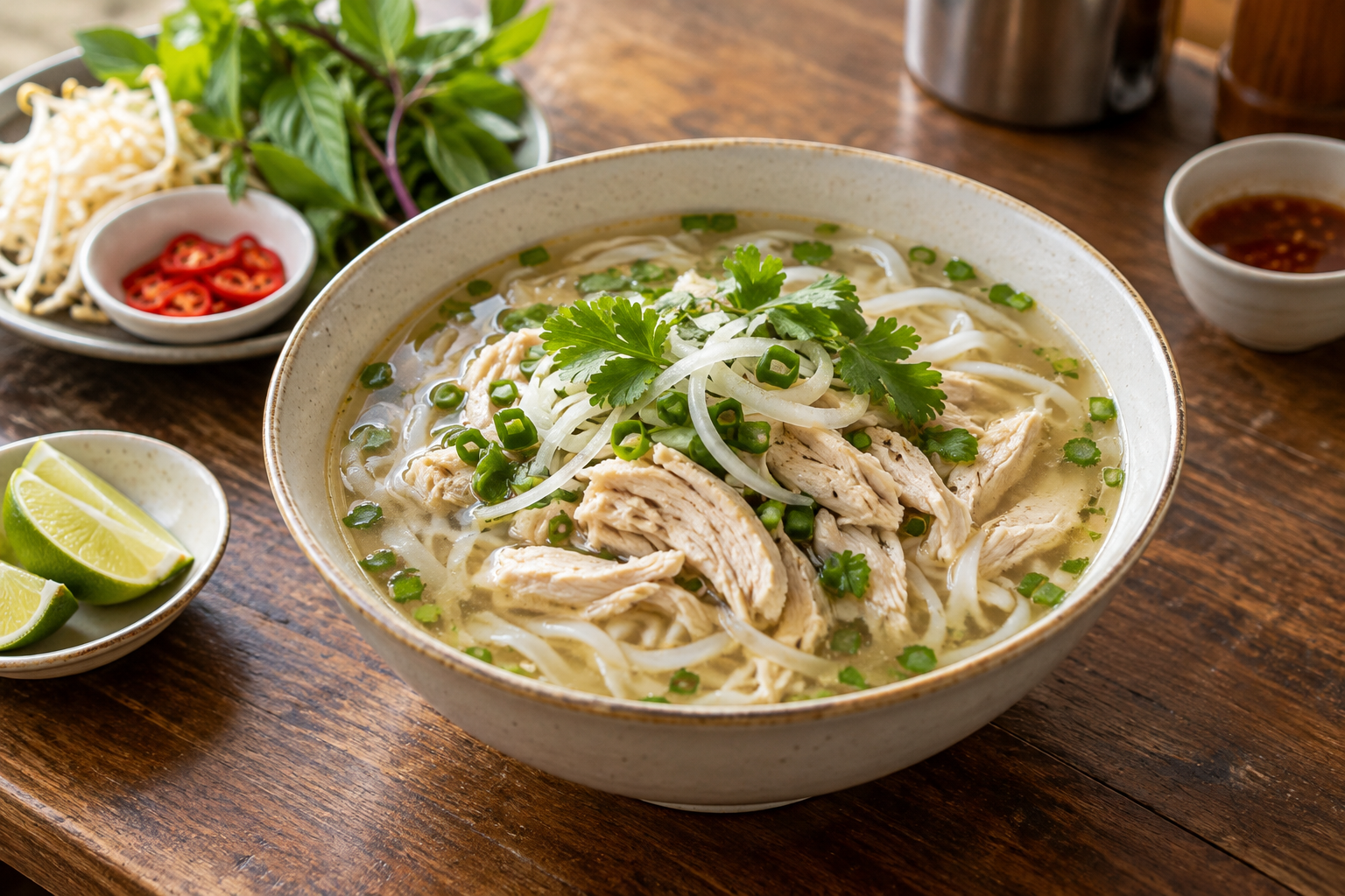 Chicken pho with flat rice noodles and herbs — photorealistic AI concept