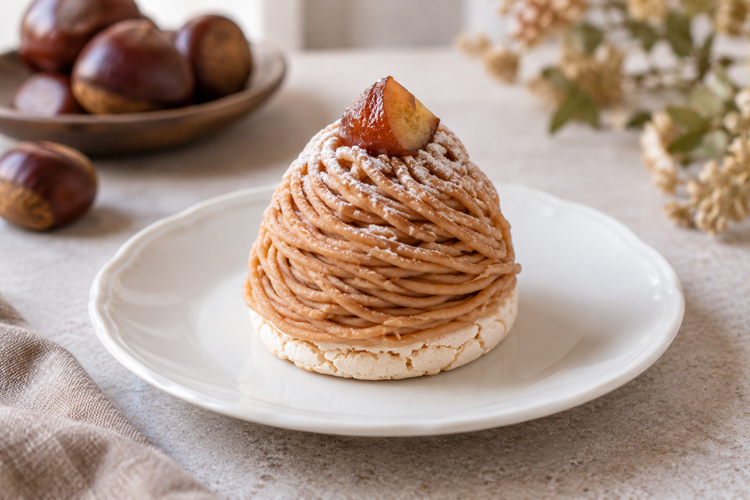 A small chestnut-cream Mont Blanc cake on a white plate — photorealistic AI concept