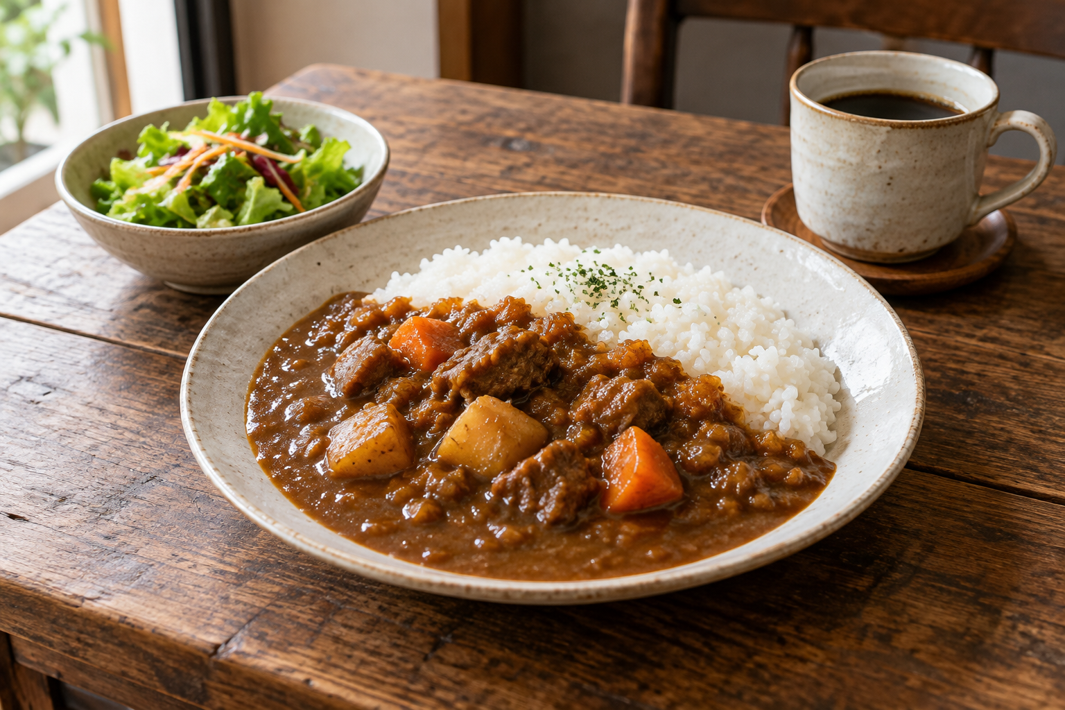 A generic cafe curry-rice meal with salad and coffee — photorealistic AI concept