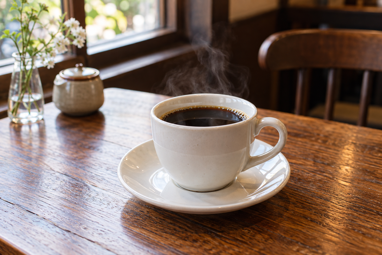 Black filter coffee in a plain ceramic cup — photorealistic AI concept