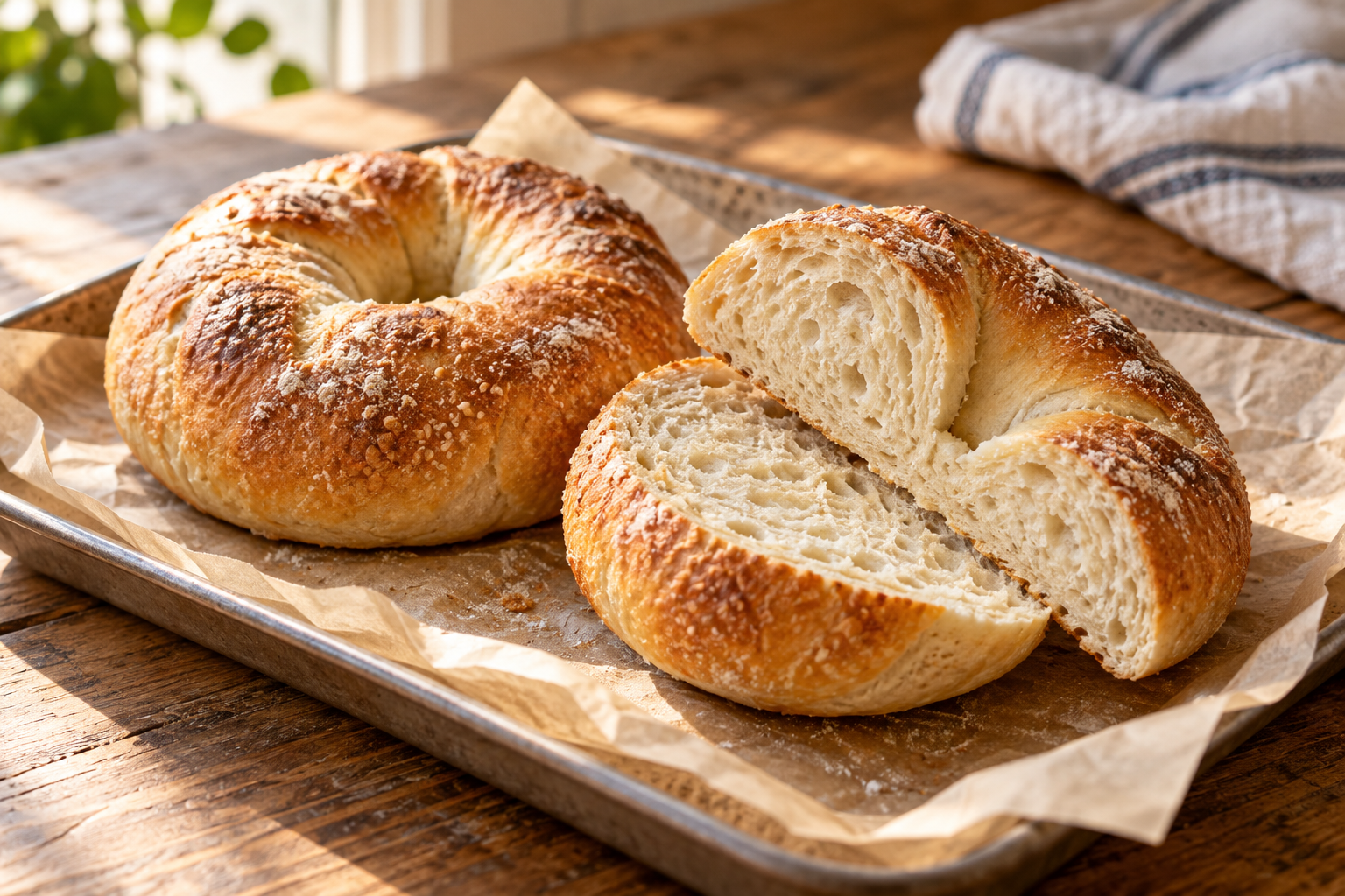 Two rustic bagels on a paper-lined bakery tray — photorealistic AI concept