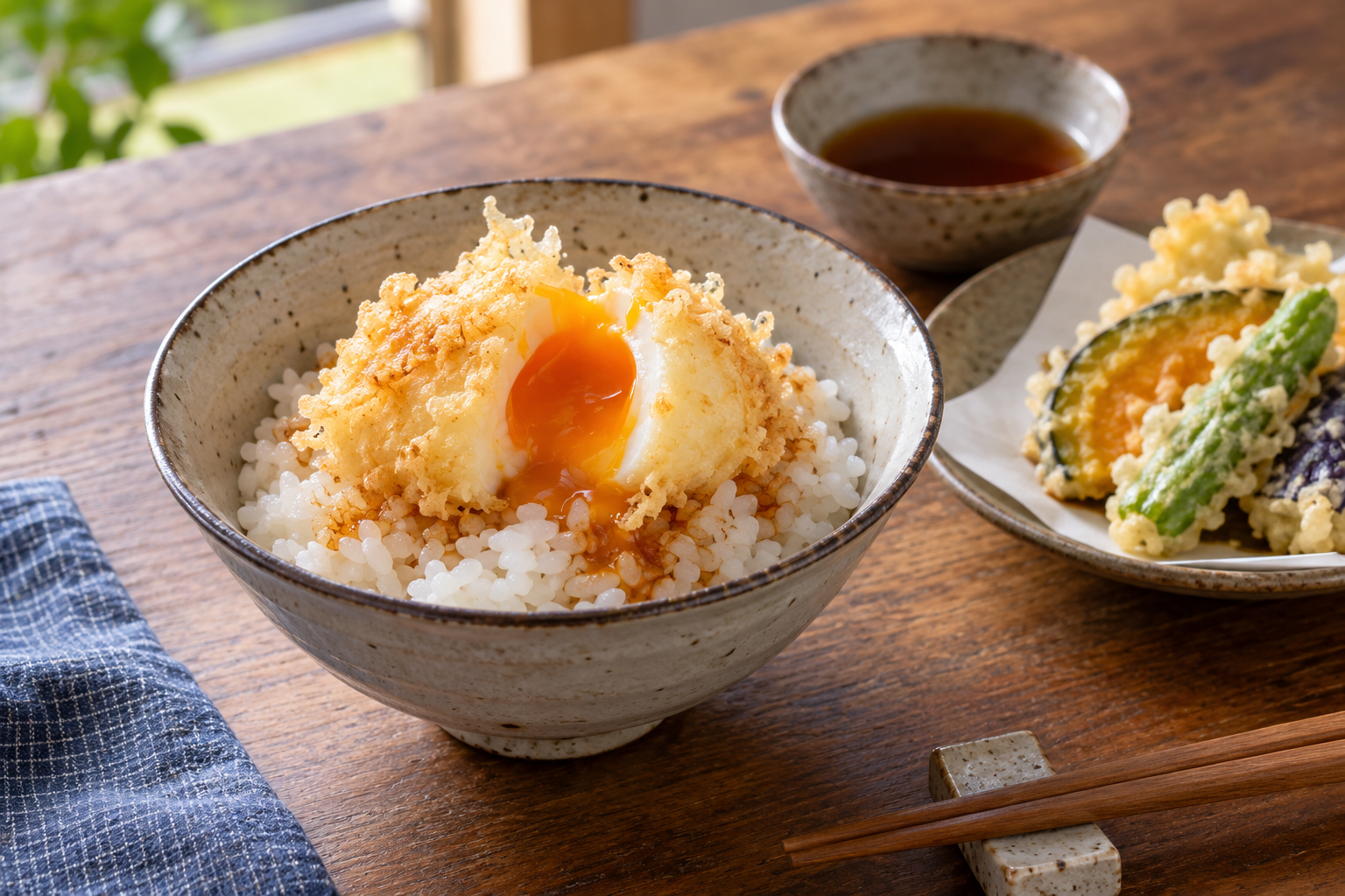 Rice topped with a battered egg beside a small dish of tempura — photorealistic AI concept