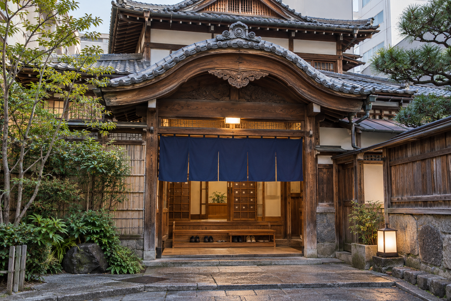 A traditional wooden public-bath exterior with tiled roof and entrance curtain — photorealistic AI concept