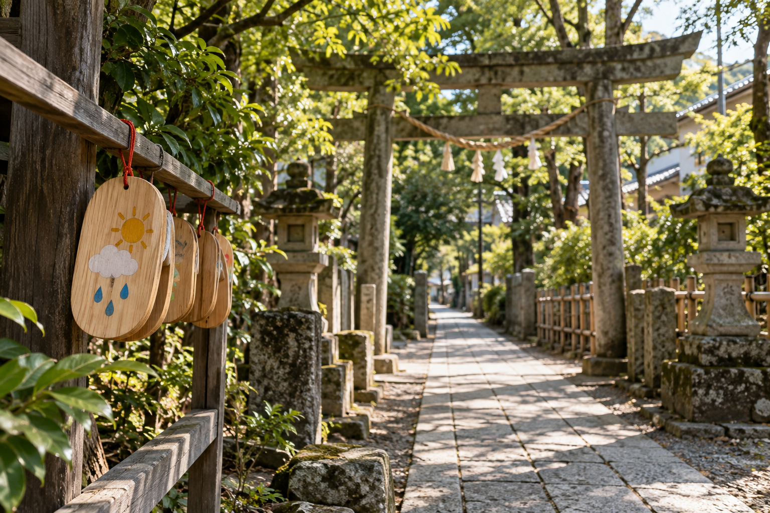 A small Shinto shrine with trees and a stone approach — photorealistic AI concept