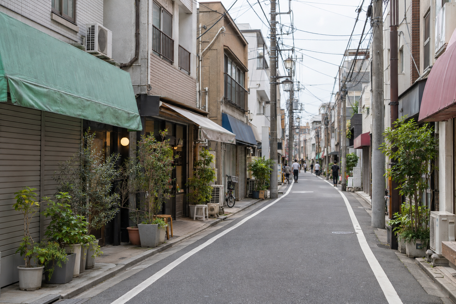 A flat asphalt shopping street with low-rise buildings and overhead wires — photorealistic AI concept