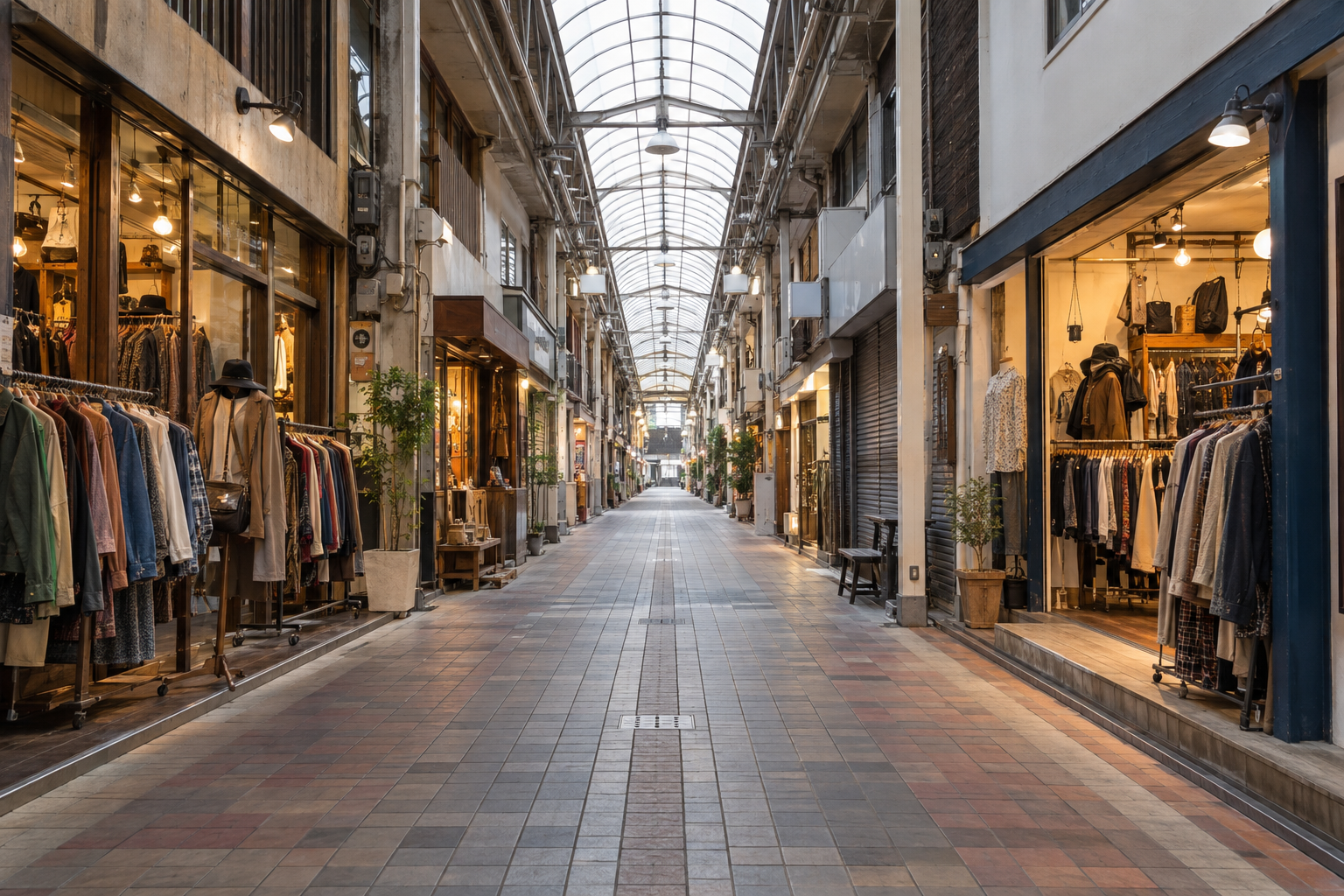 A roofed shopping arcade lined with small storefronts — photorealistic AI concept