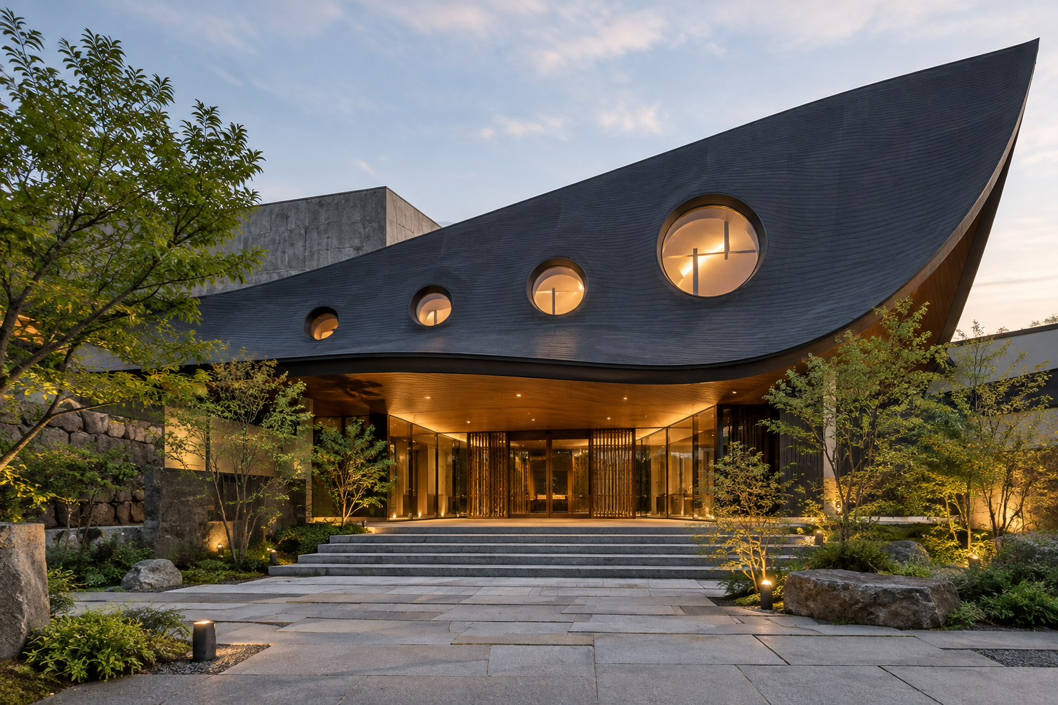 A small contemporary theater with a dark sculptural roof and round windows — photorealistic AI concept