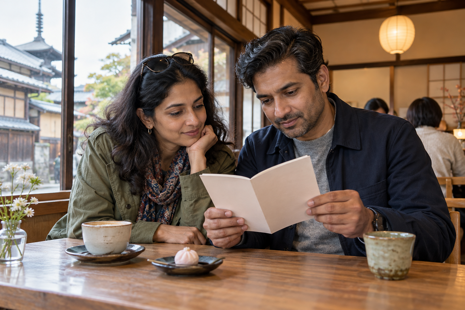Two adult travelers looking at a booklet across a cafe table — photorealistic AI concept