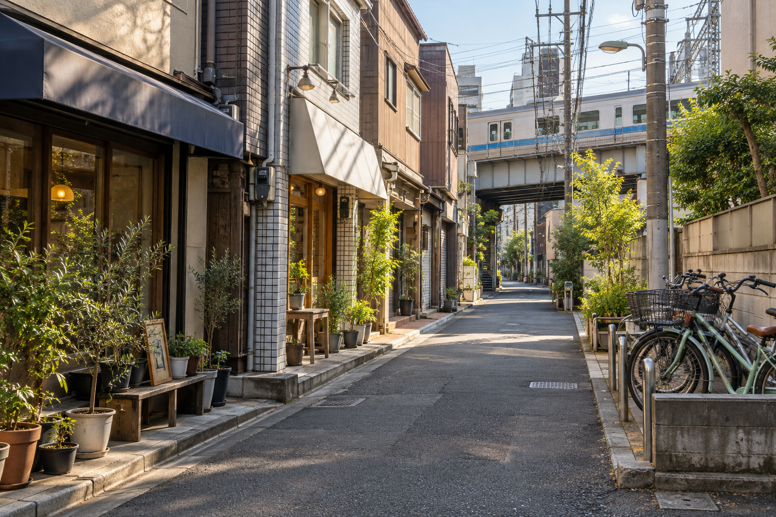 A narrow Tokyo lane with low-rise shops and bicycle parking — photorealistic AI concept