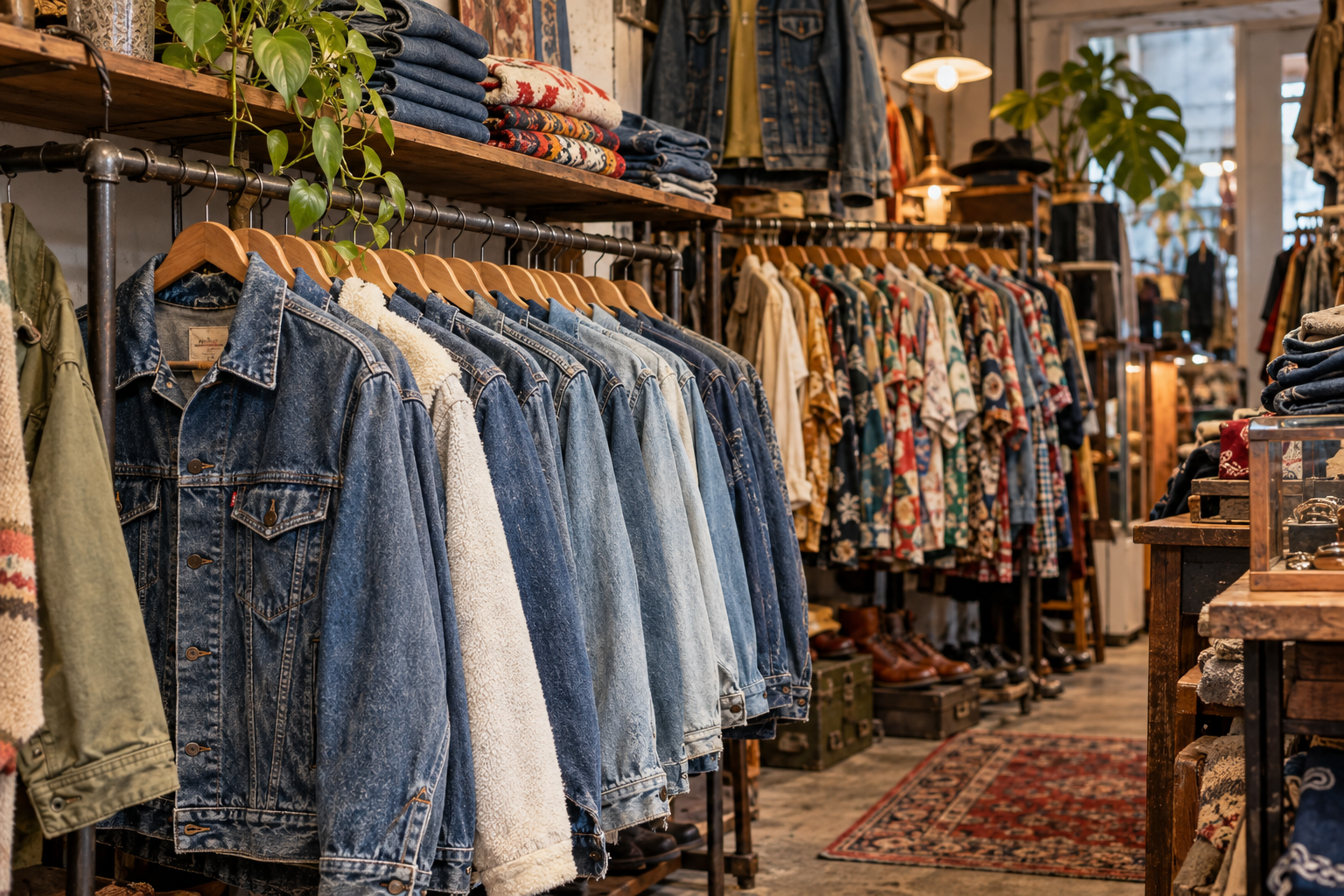 Secondhand jackets and shirts arranged inside a small clothing shop — photorealistic AI concept