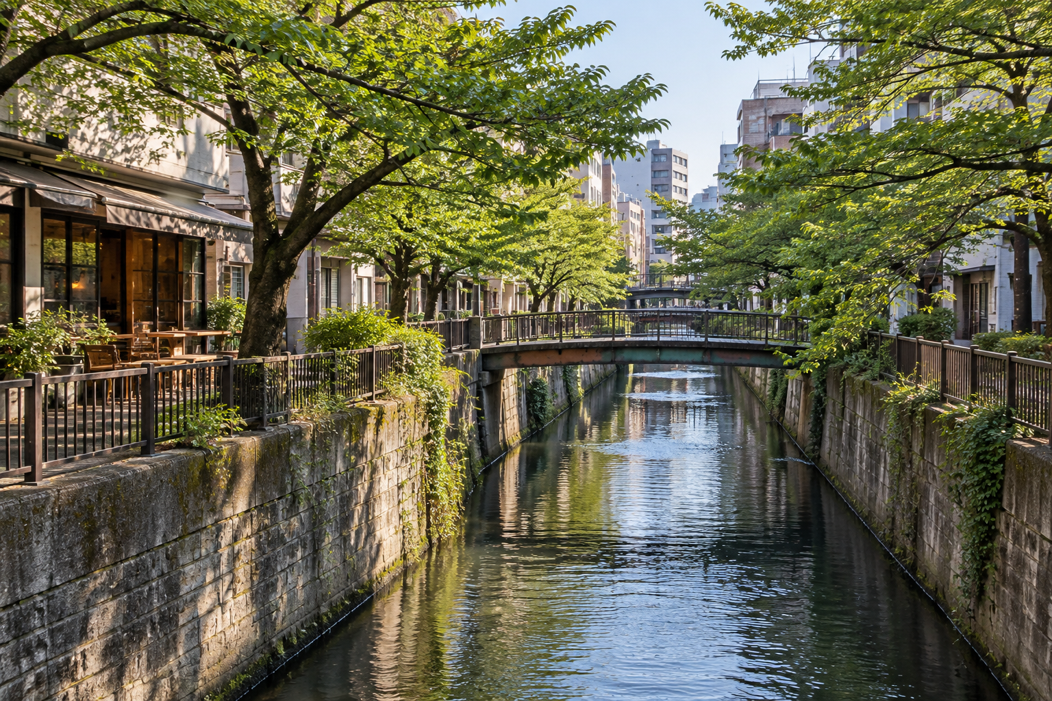 A narrow urban river beneath green cherry-tree leaves, without blossoms — photorealistic AI concept