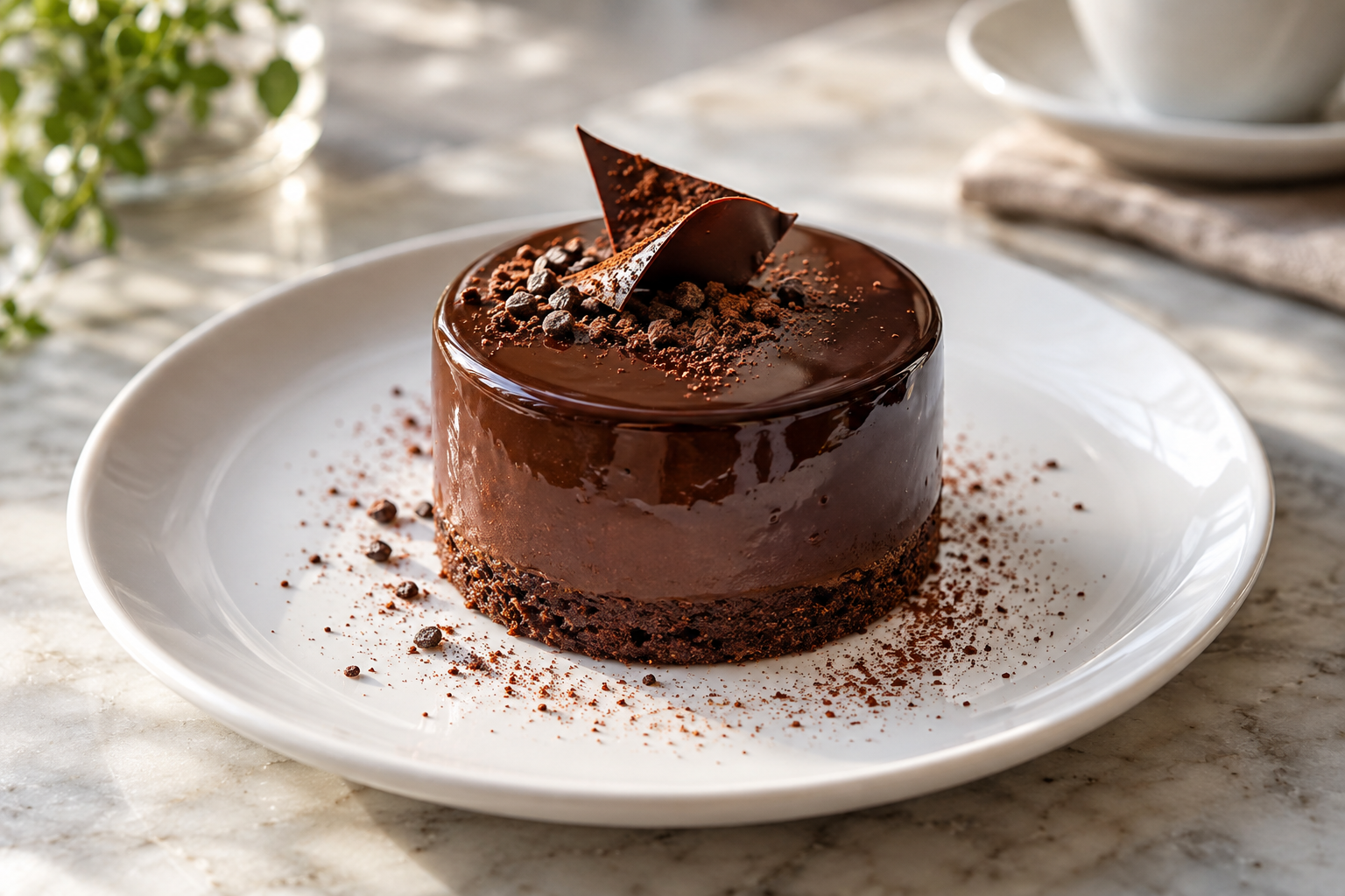 A small glossy chocolate mousse cake on a white plate — photorealistic AI concept