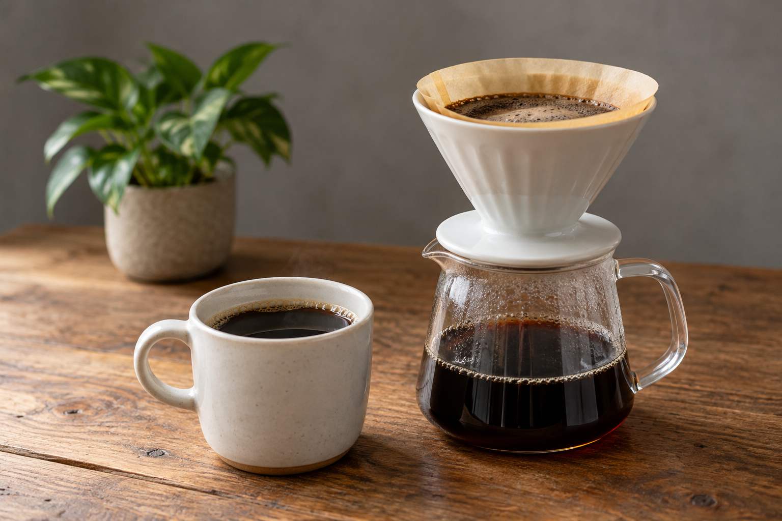 Black coffee, a dripper and a glass server against a plain interior background — photorealistic AI concept