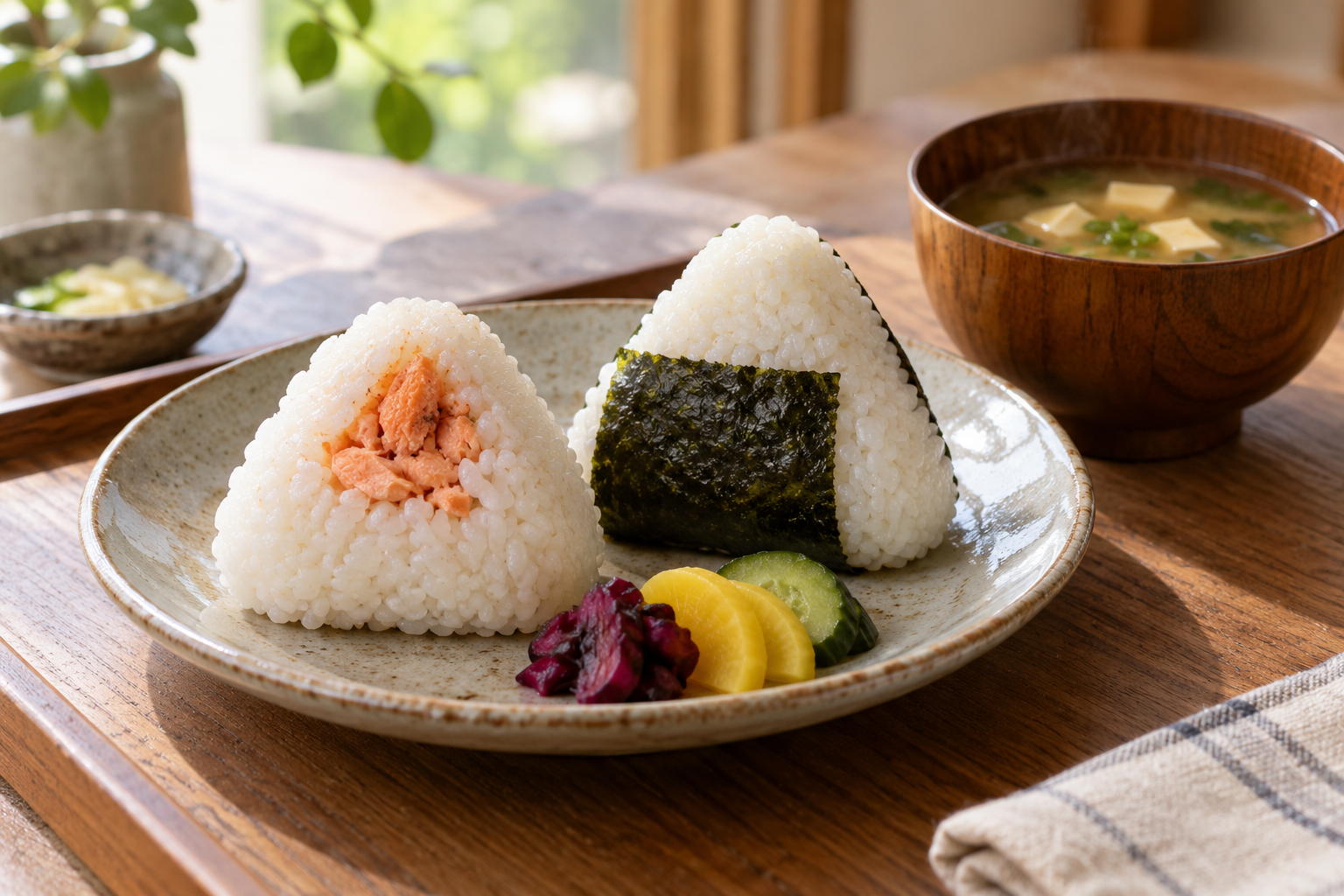 Two onigiri with nori beside a bowl of miso soup — photorealistic AI concept