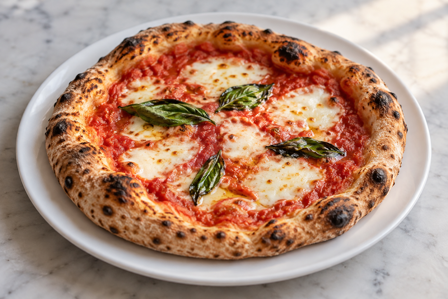 A small margherita pizza with tomato, mozzarella and basil — photorealistic AI concept