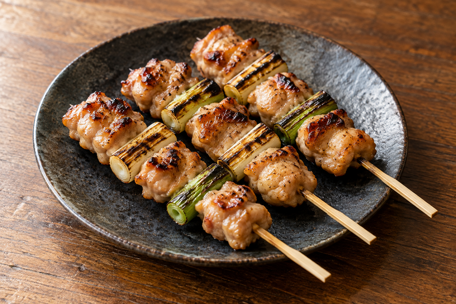 Chicken and green-onion yakitori skewers on a dark ceramic plate — photorealistic AI concept