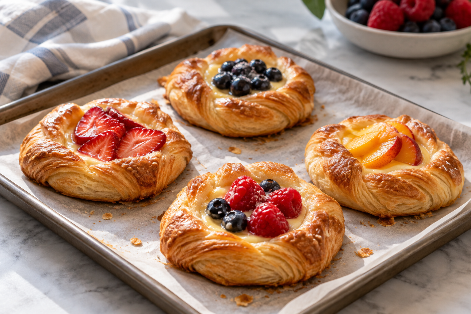 Small fruit Danish pastries on a bakery tray — photorealistic AI concept