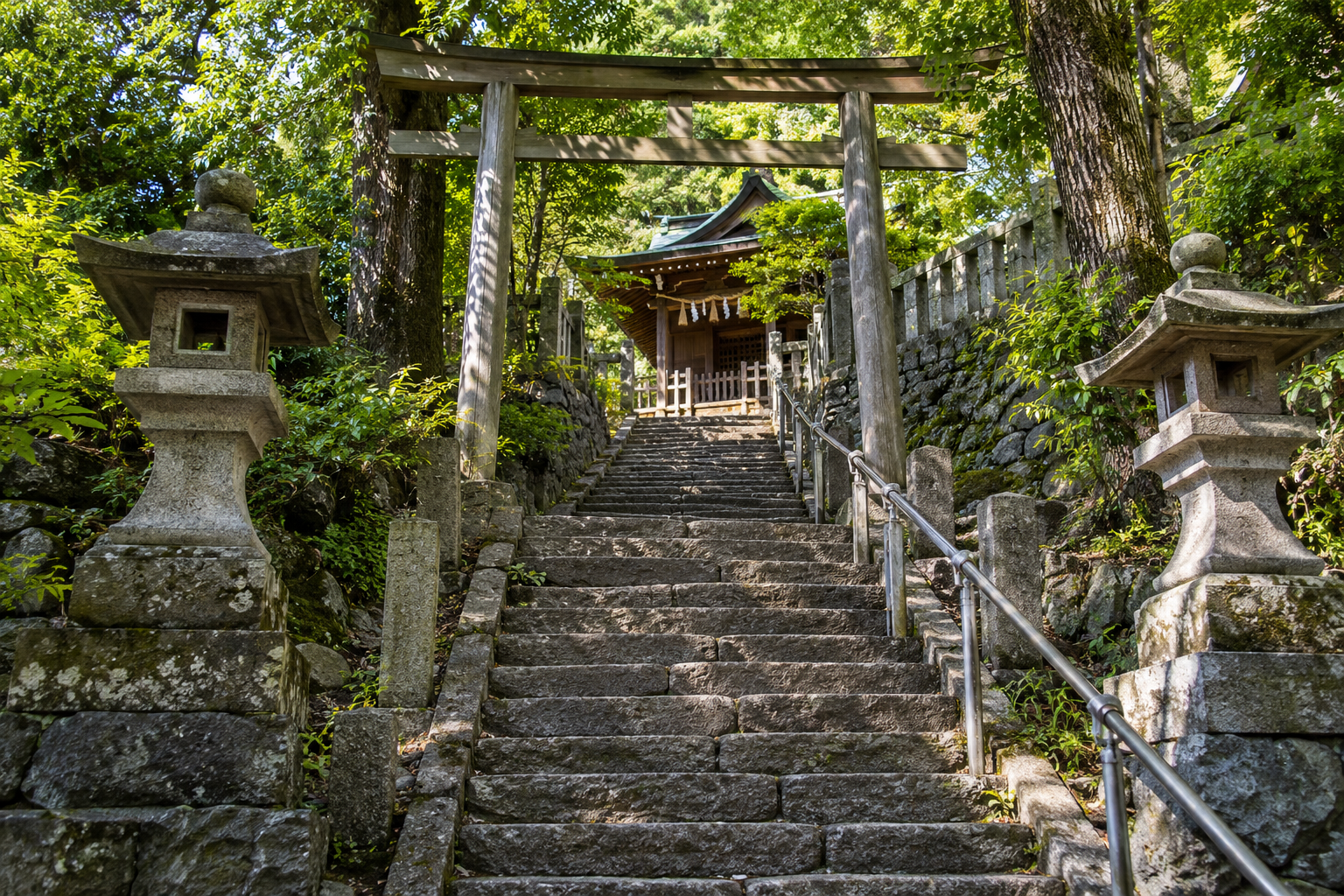 Stone steps and a small shrine gate beneath mature trees — photorealistic AI concept