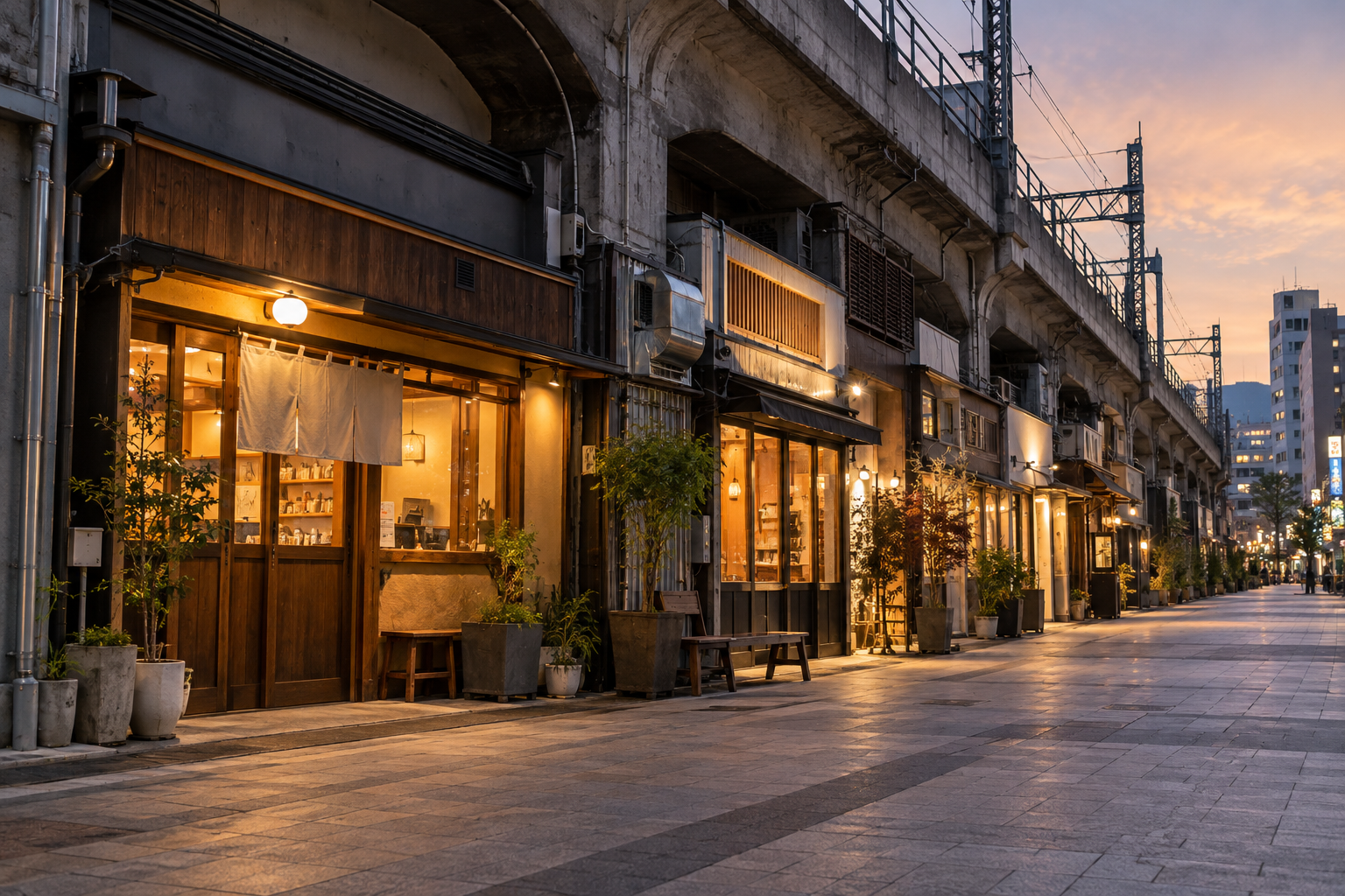 Shopfronts and a clear pavement beneath an elevated railway — photorealistic AI concept