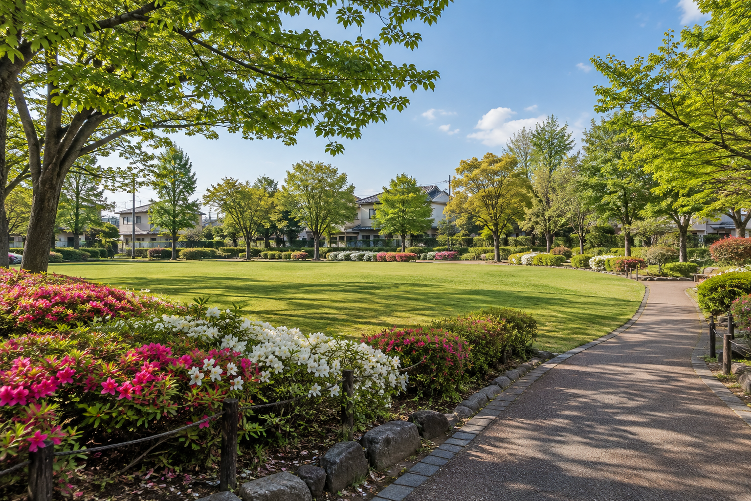Lawn, flower beds and tree-lined paths in a neighborhood park — photorealistic AI concept