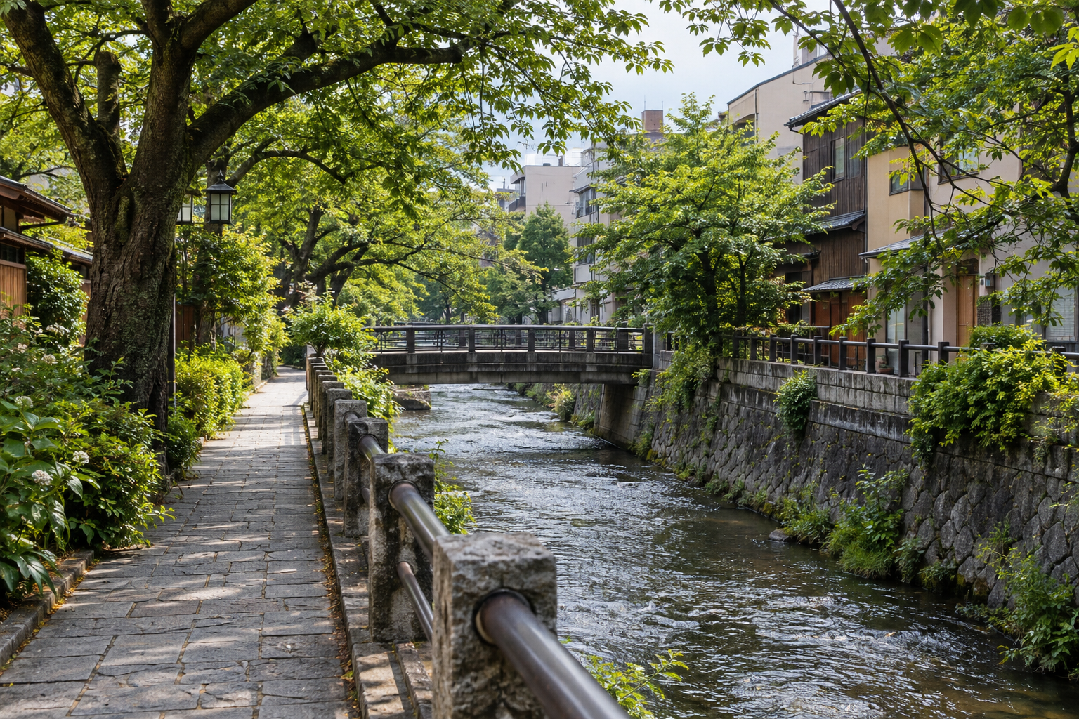 A tree-lined pedestrian lane beside a narrow city river — photorealistic AI concept