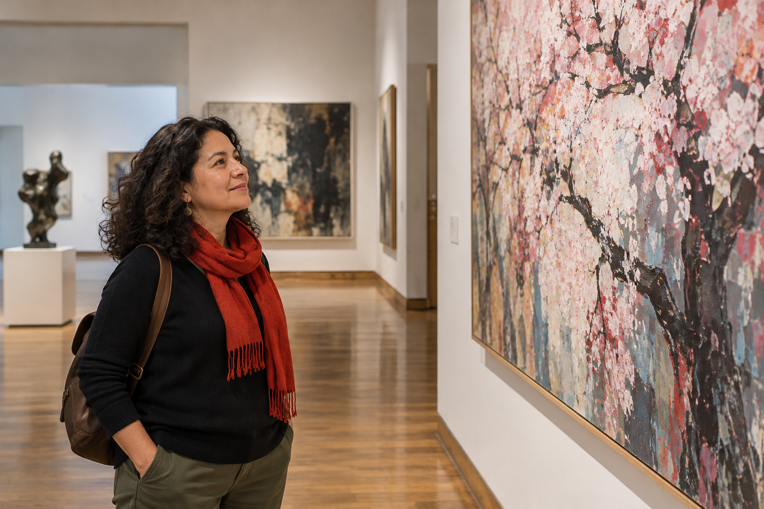 An adult woman traveler viewing an invented cherry-tree painting — photorealistic AI concept