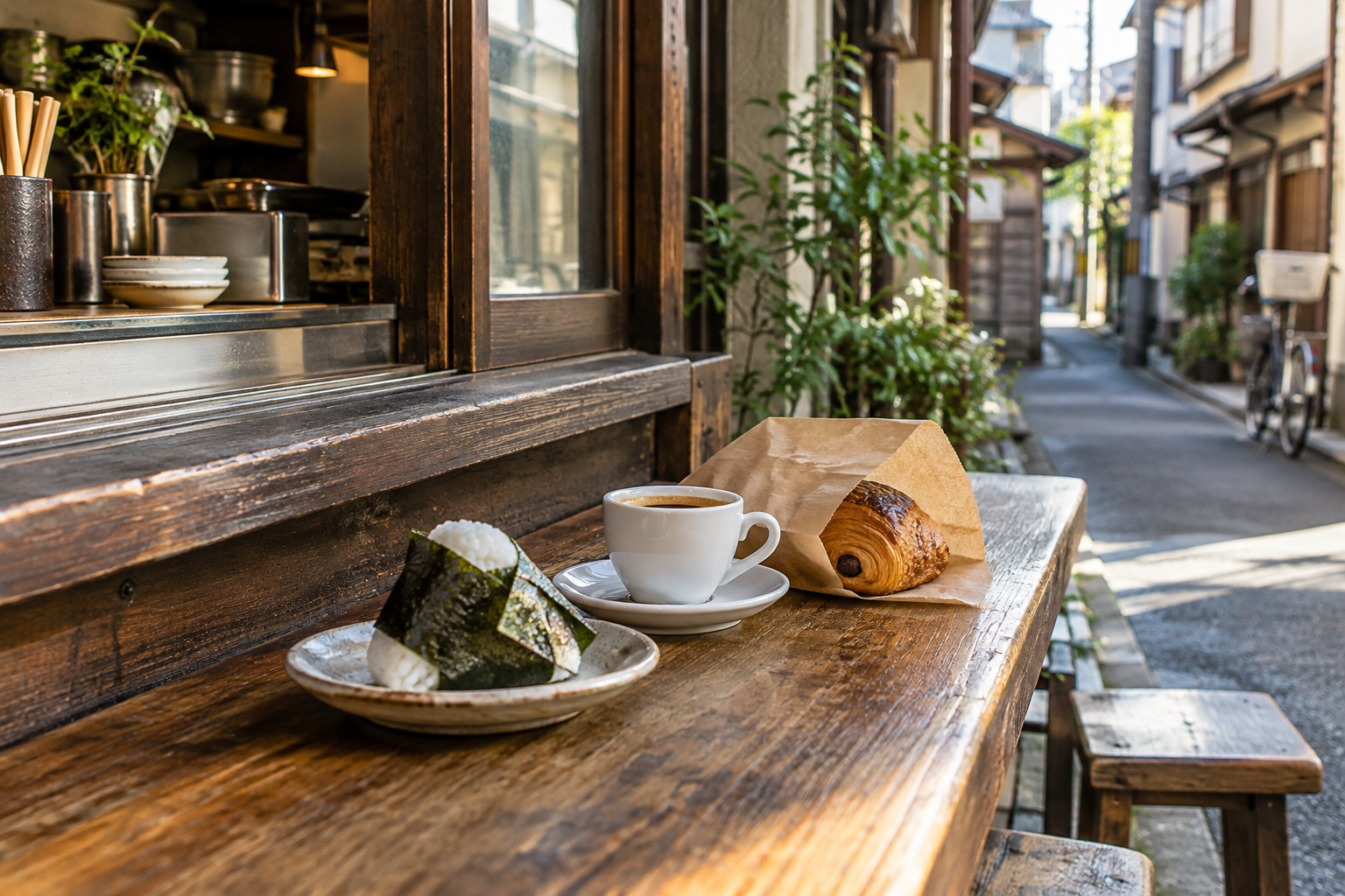 A generic onigiri, coffee cup and pastry bag at a neighborhood counter — photorealistic AI concept