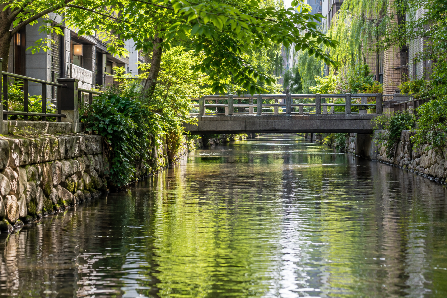 Green foliage reflected in a small city river near a footbridge — photorealistic AI concept