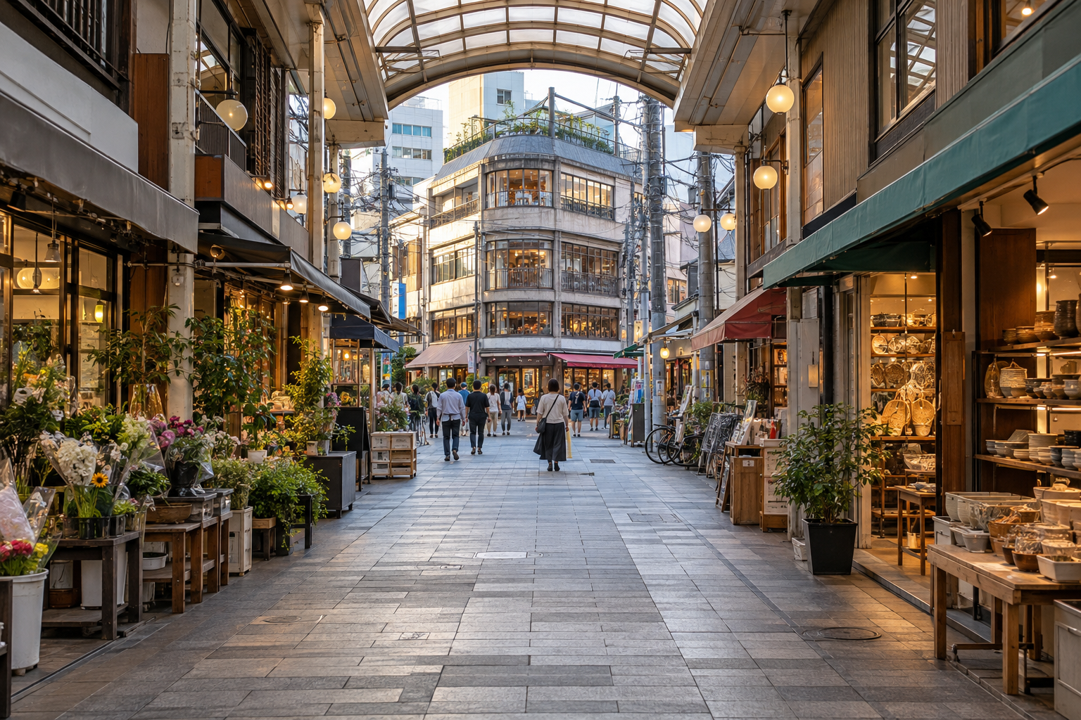 A covered Tokyo shopping street leading toward an older mall building — photorealistic AI concept