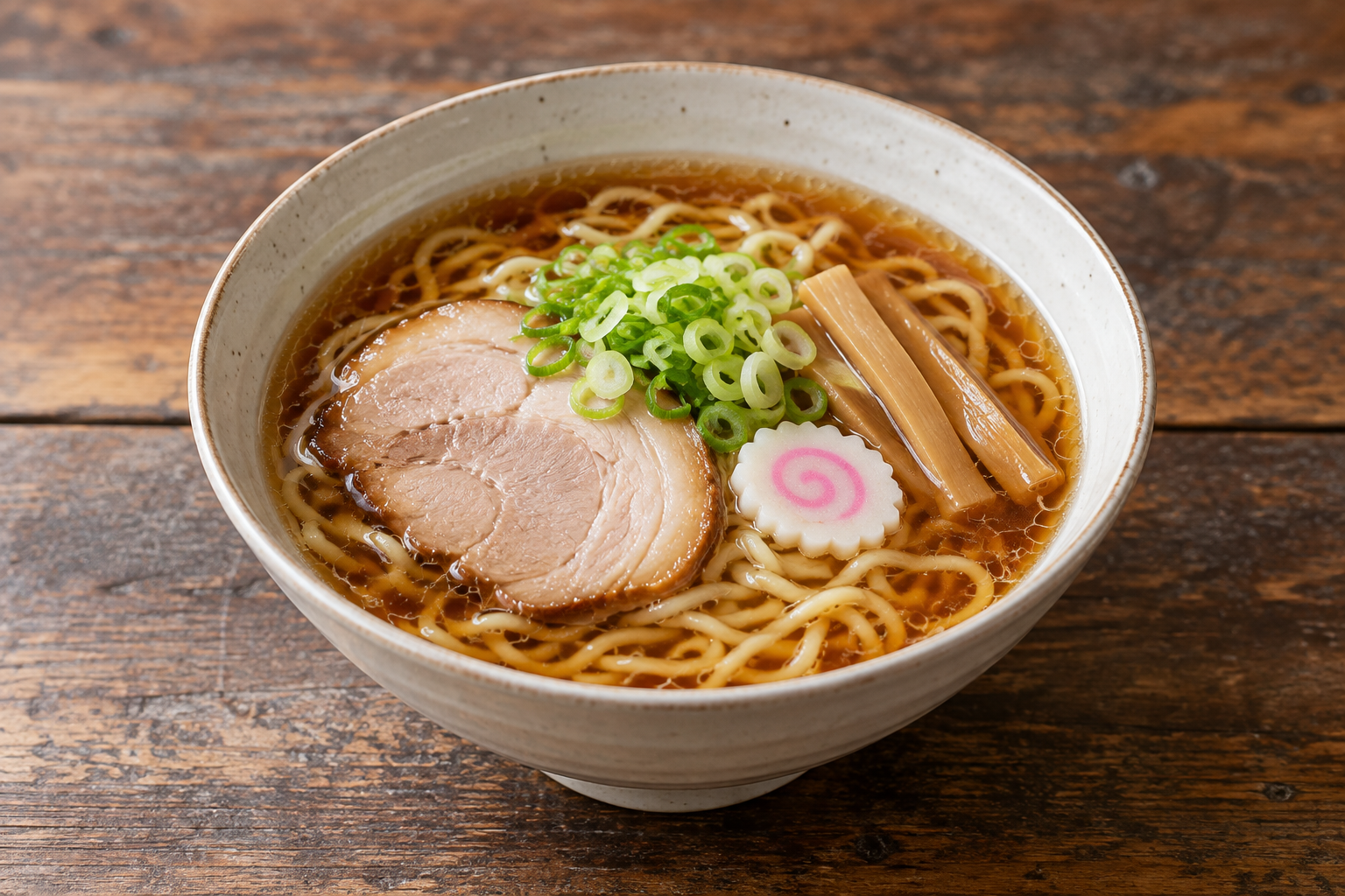 A generic bowl of chuka soba with pork, bamboo shoots and green onion — photorealistic AI concept