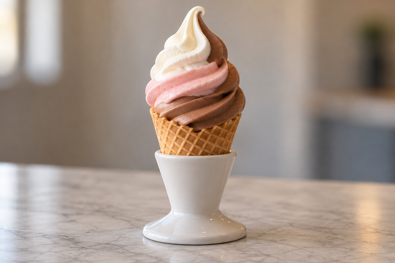 A three-flavor soft serve cone supported by a flat-based ceramic holder — photorealistic AI concept
