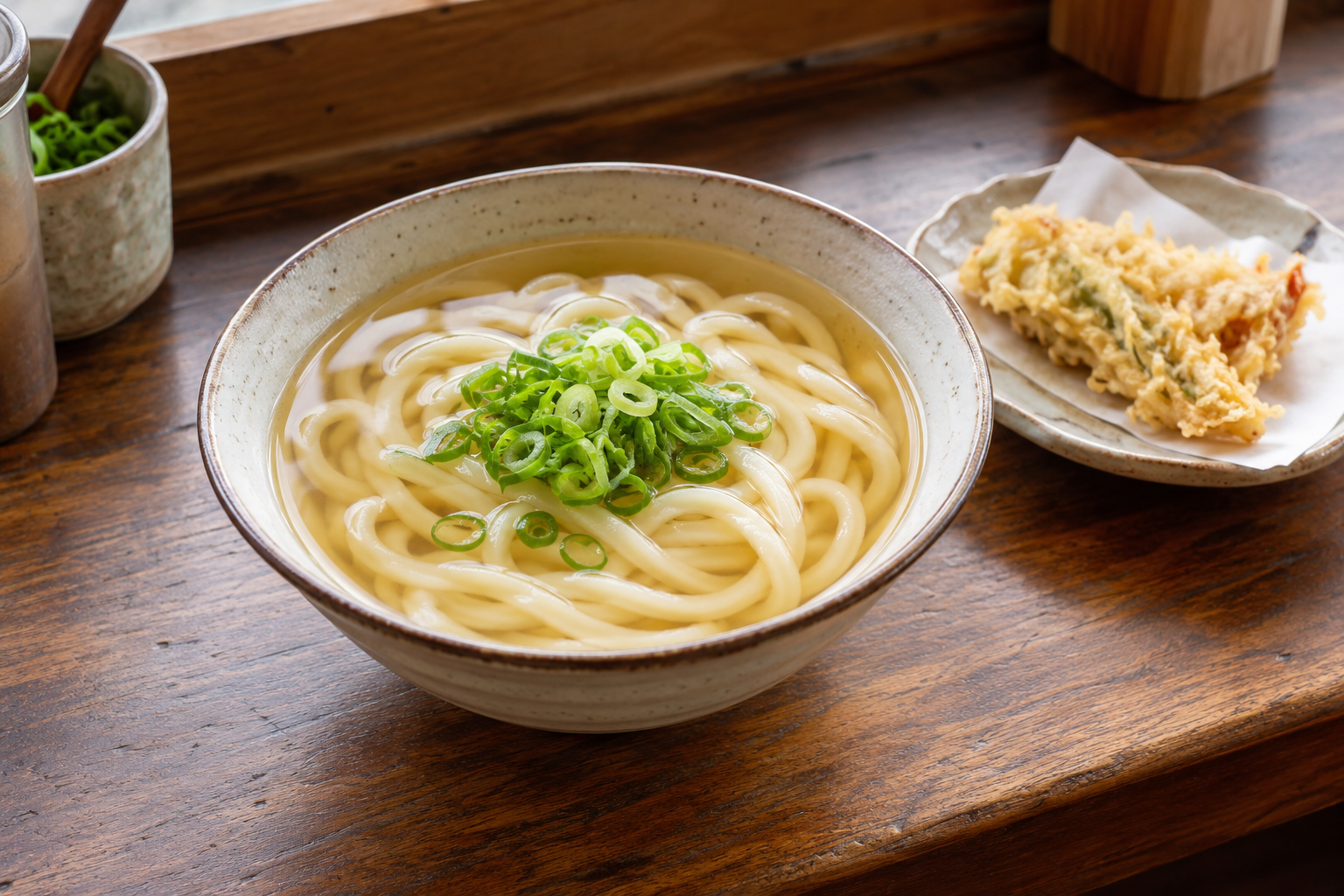 Udon in clear broth with green onion and a separate tempura piece — photorealistic AI concept