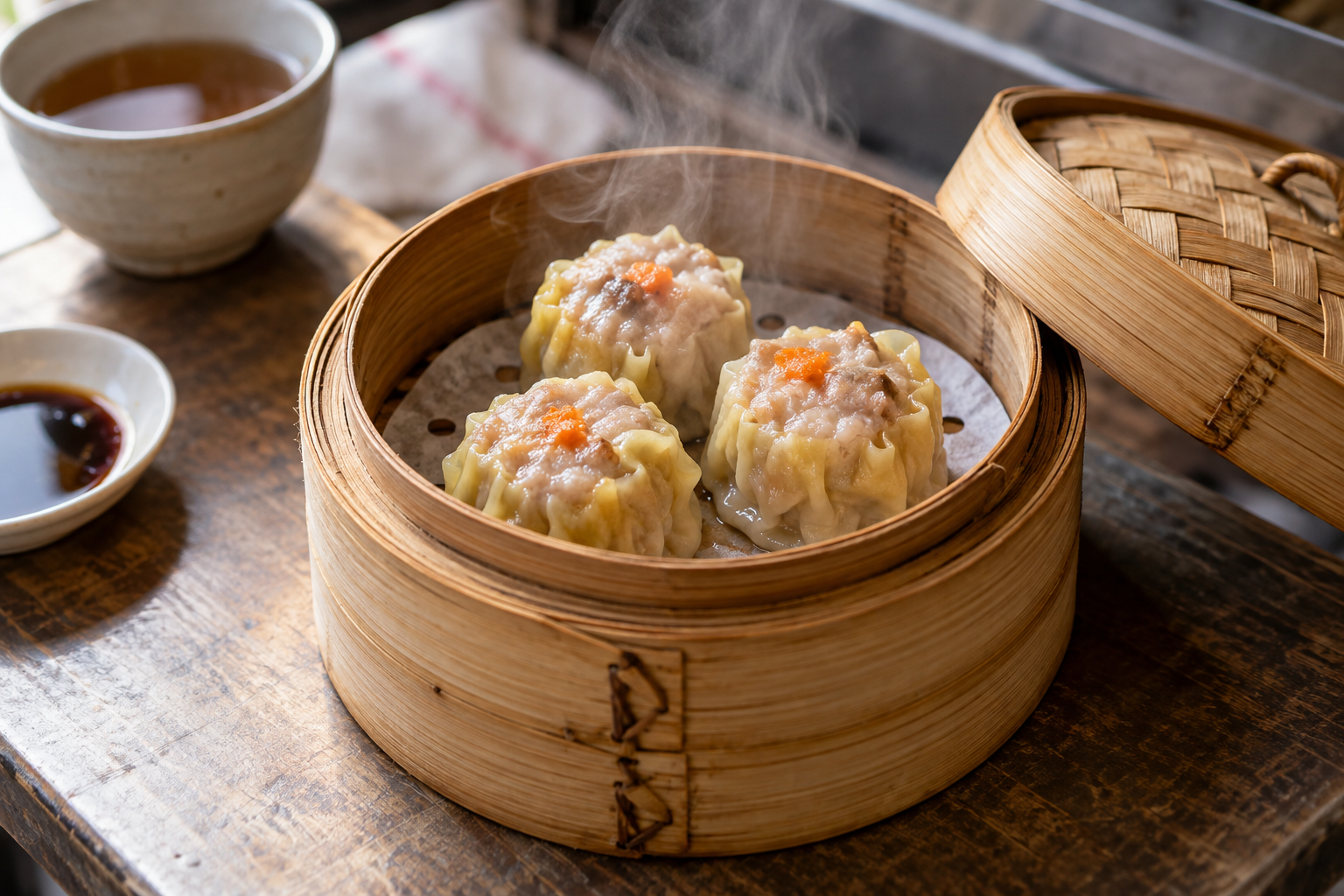 Three shumai dumplings in a small bamboo steamer — photorealistic AI concept