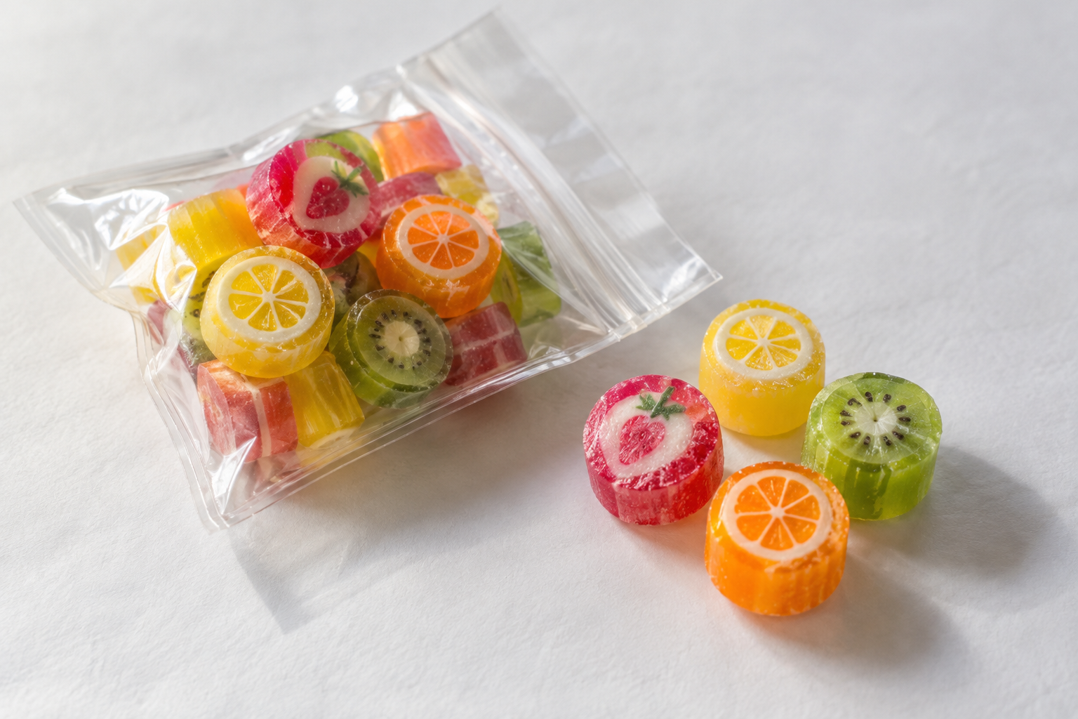 Small colorful cut hard candies beside an unbranded pouch — photorealistic AI concept