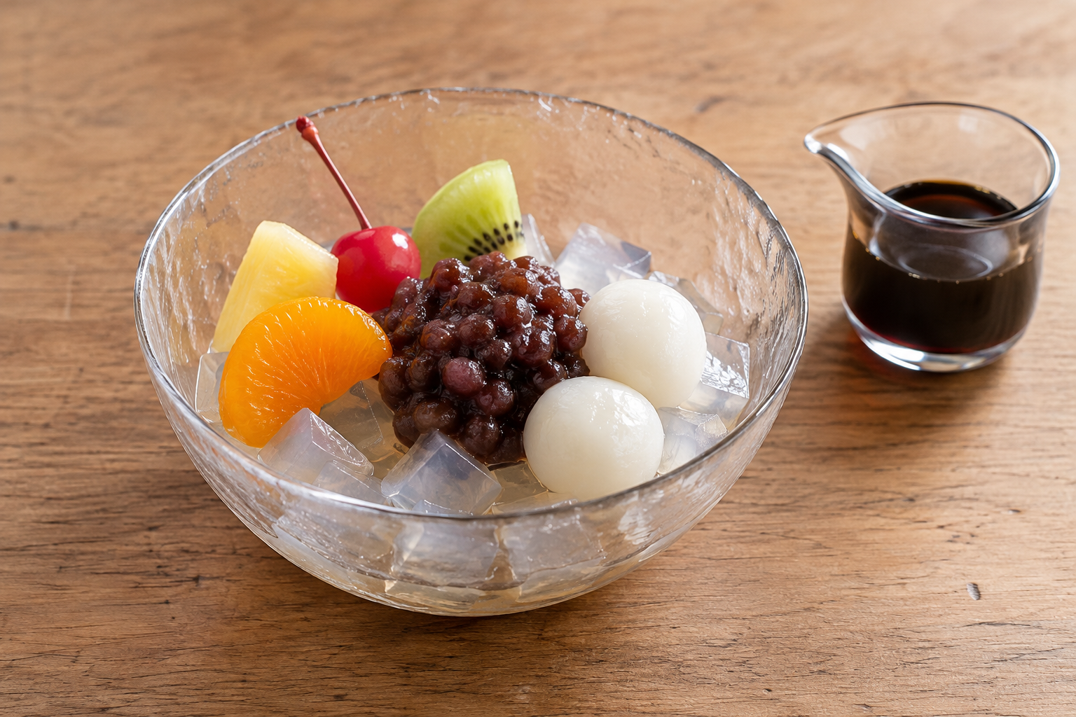 Anmitsu with kanten jelly, red bean paste, shiratama and fruit — photorealistic AI concept