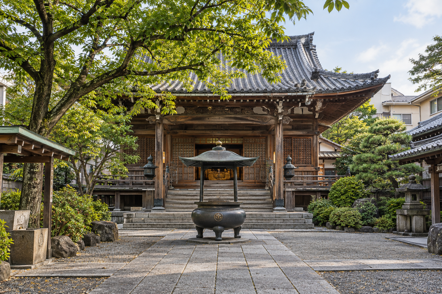 A wooden Buddhist temple hall and incense burner in a leafy courtyard — photorealistic AI concept