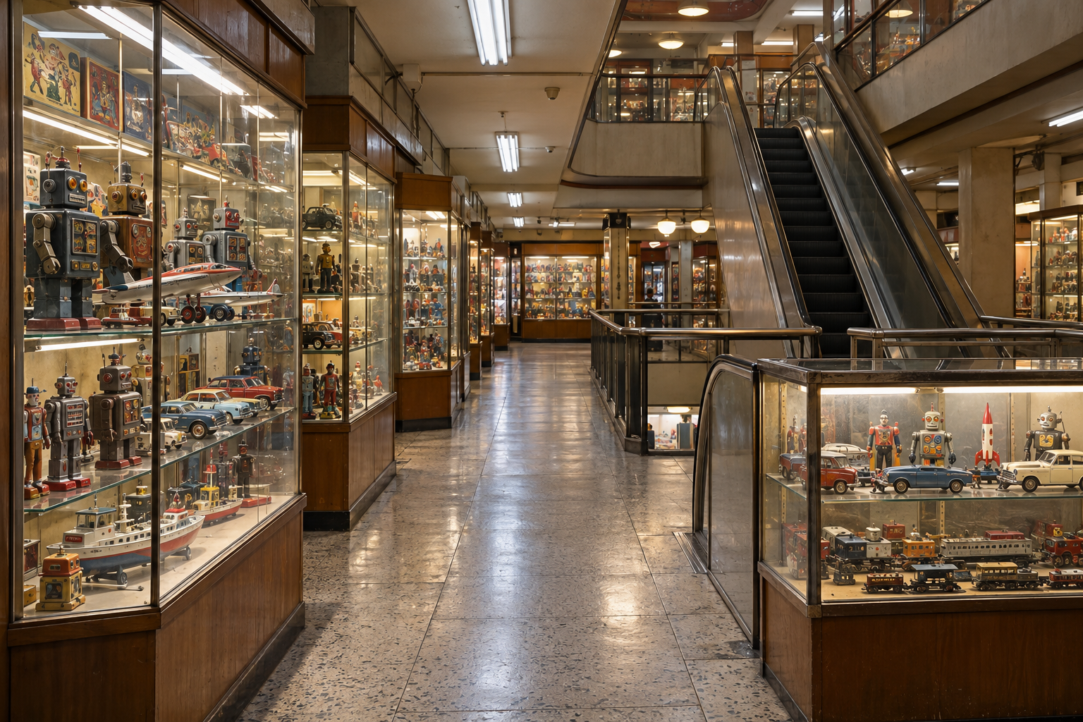 An older shopping-mall corridor with glass display cabinets — photorealistic AI concept