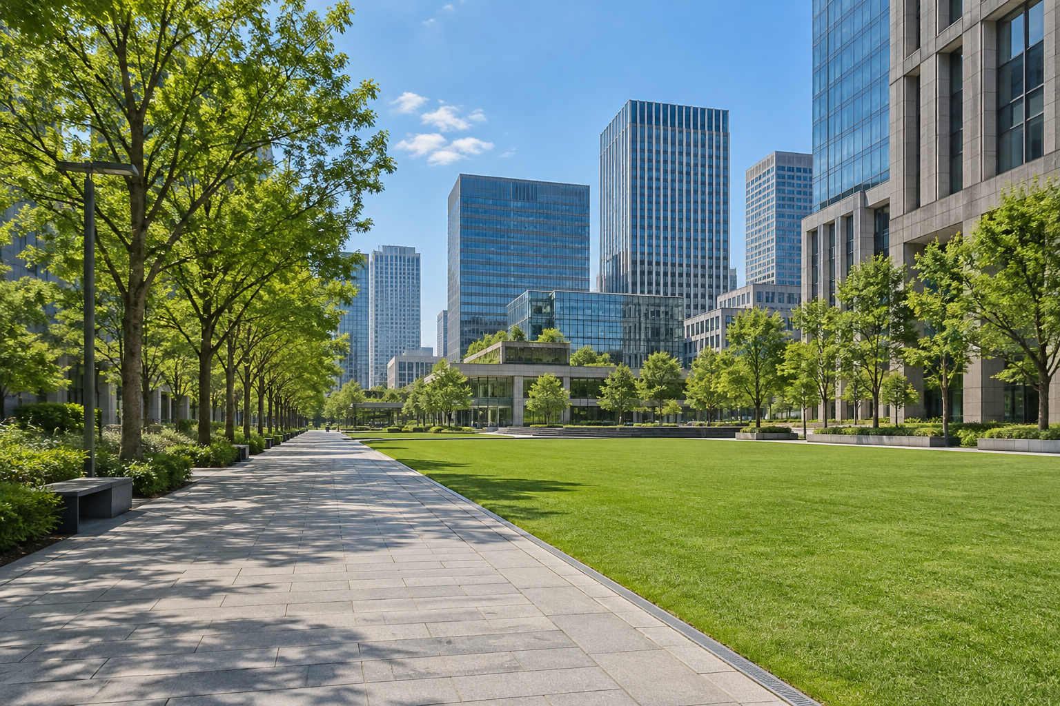 Lawn and tree-lined paths beside contemporary office buildings — photorealistic AI concept