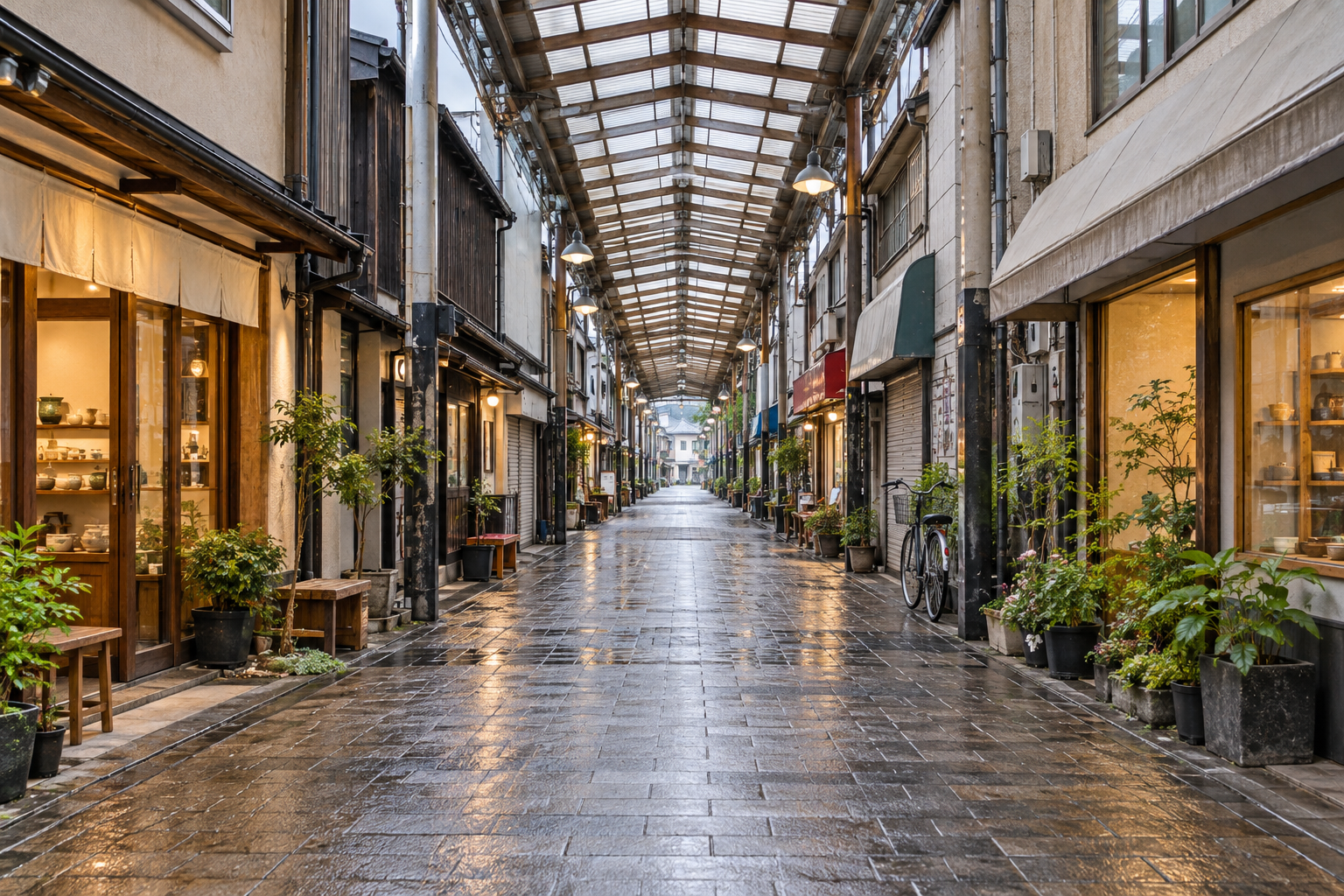 Small neighborhood shops beneath a covered arcade — photorealistic AI concept